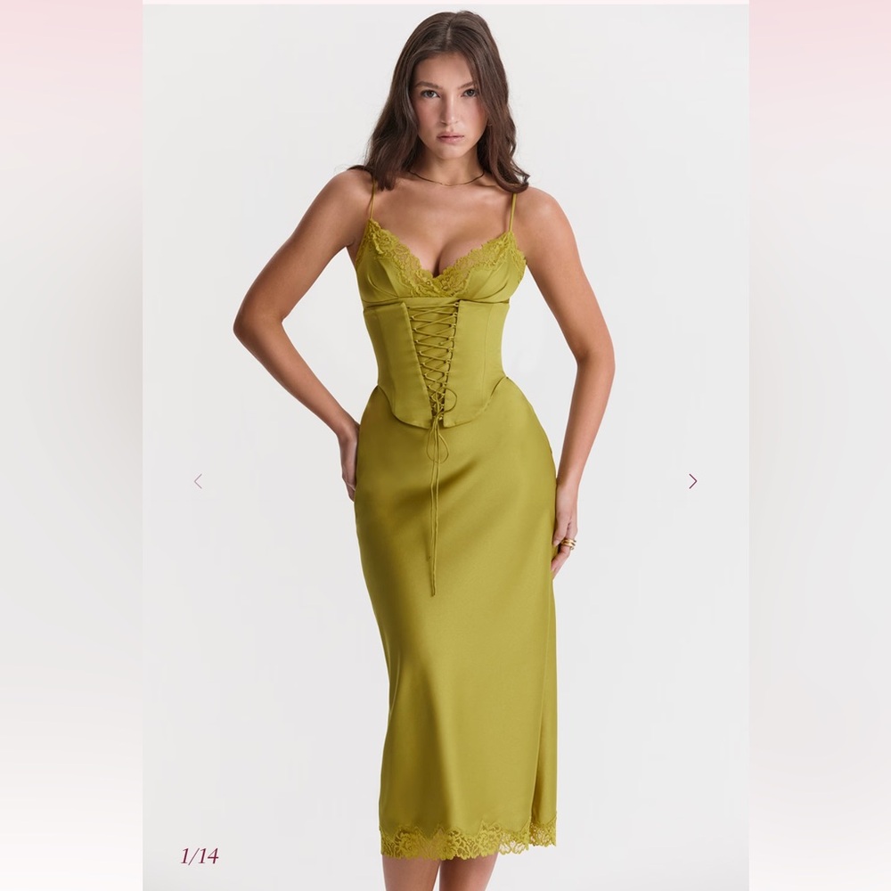 House of CB Chartreuse Satin Slip Dress